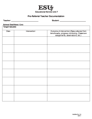 Pre-Referral Teacher Documentation Form