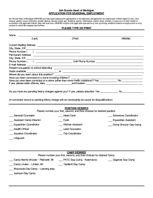 Girl Scouts Heart of Michigan Seasonal Employment Application