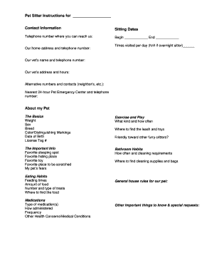 Pet Sitter Instructions Form