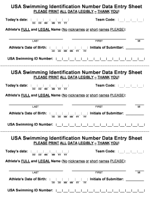 USA Swimming Identification Number Data Entry Sheet