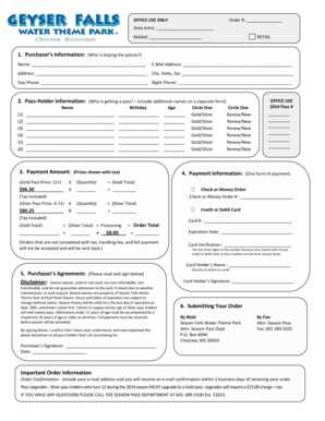 Geyser Falls Water Theme Park Season Pass Order Form