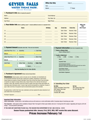 Geyser Falls Water Theme Park Season Pass Order Form