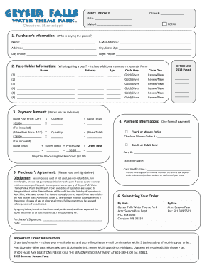 2012 Geyser Falls Water Theme Park Season Pass Order Form