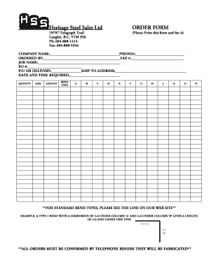 Heritage Steel Sales Order Form