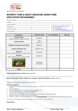 Butterfly Park Education Program Order Form