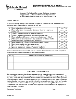Insurance Professionals Errors and Omissions Supplemental Application