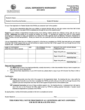 Legal Dependents Worksheet for FAFSA