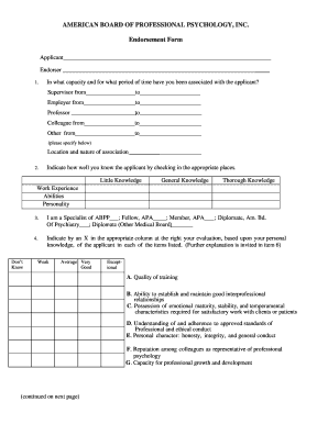 American Board of Professional Psychology Endorsement Form