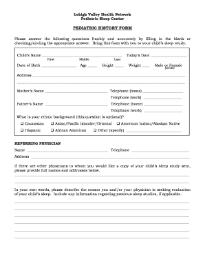 Pediatric Sleep Center History Form