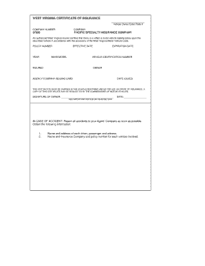 West Virginia Certificate of Insurance
