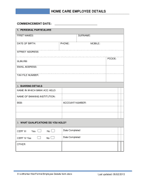 Home Care Employee Details Form