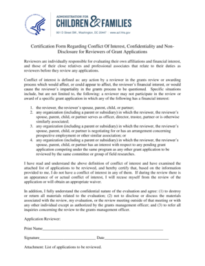 Conflict of Interest Certification Form for Grant Reviewers