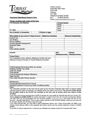 Torbay Council Corporate Debt Means Enquiry Form