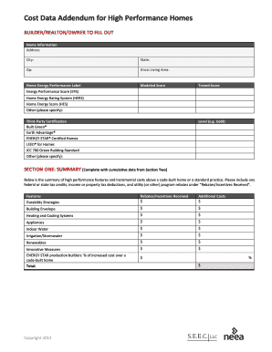 Cost Data Addendum for High Performance Homes