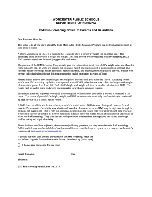 BMI Pre-Screening Notice to Parents and Guardians