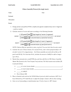 Gibson Assembly Protocol for single insert - iGEM - 2013 igem