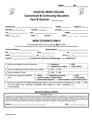 Coastal Bend College Continuing Education Enrollment Form