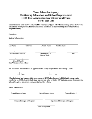 GED Test Administration Withdrawal Form for 17 Year Olds