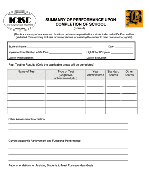 Summary of Performance for 504 Plan Graduates