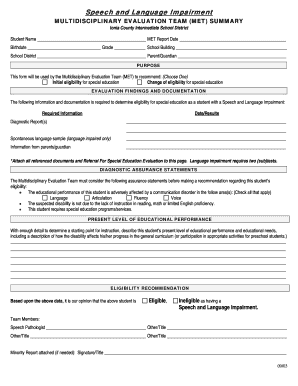 Multidisciplinary Evaluation Team (MET) Summary for Speech and Language Impairment