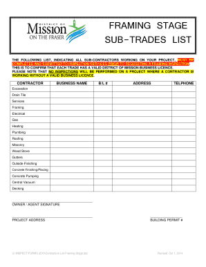 Framing Stage Sub-Contractors List