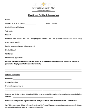 Physician Profile Information Form