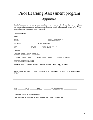 Prior Learning Assessment Program Application