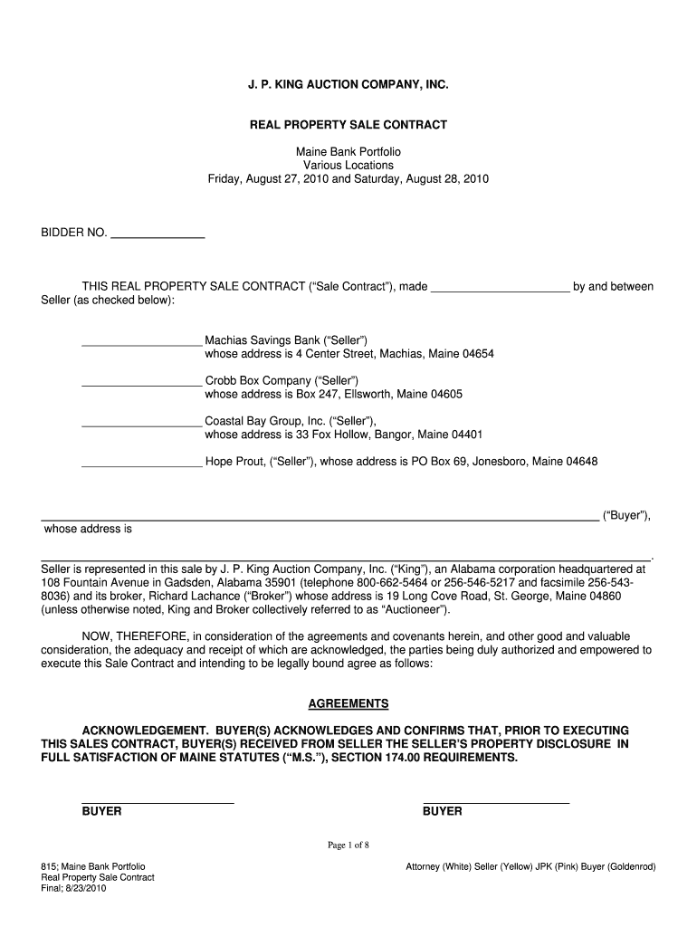 Fillable Online 815 Maine Bank Portfolio REAL PROPERTY SALE CONTRACT
