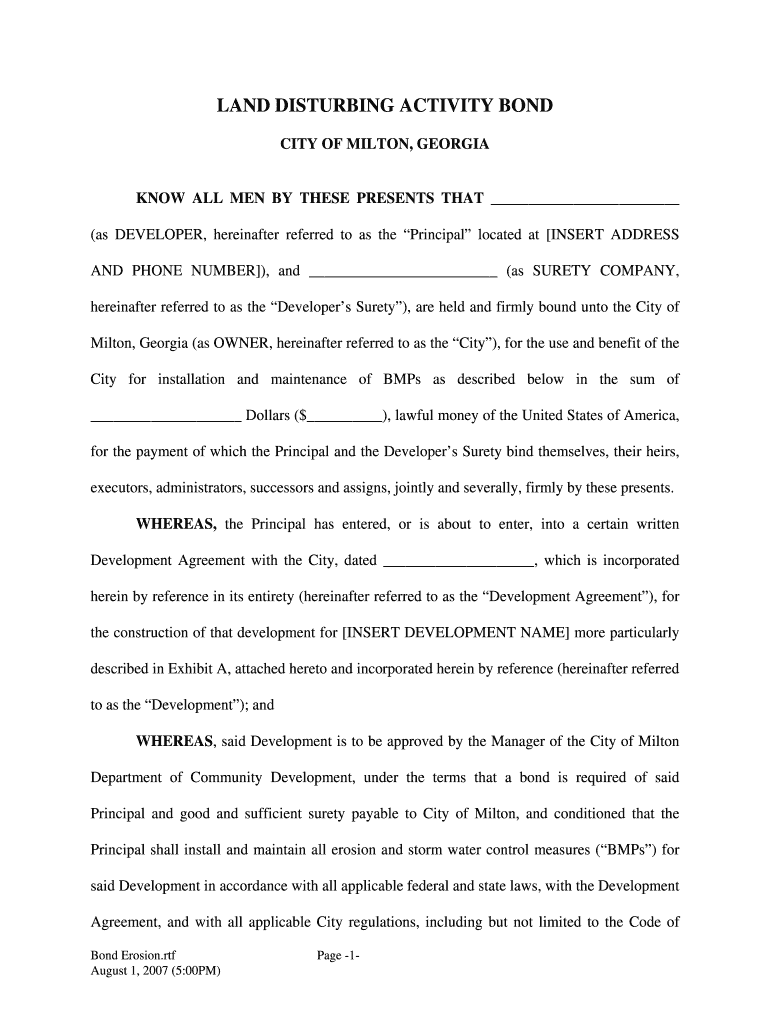 Fillable Online LAND DISTURBING ACTIVITY BOND Fax Email Print pdfFiller