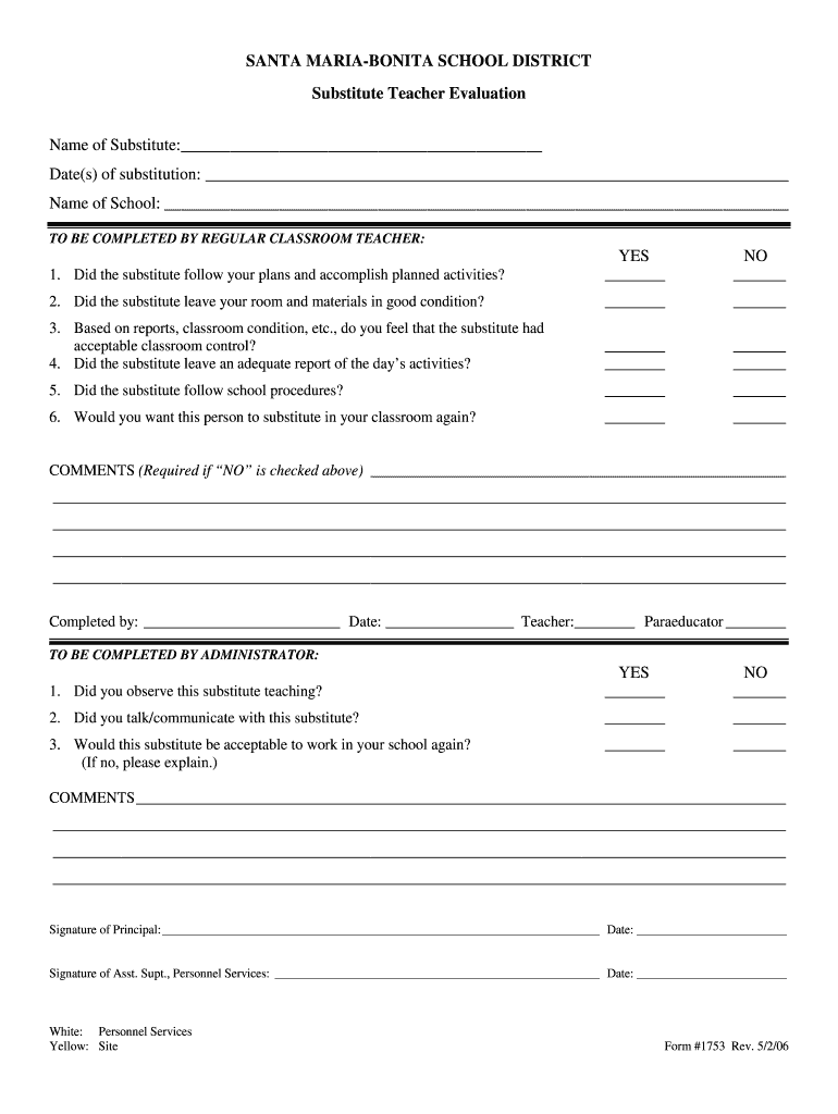 Substitute Teacher Evaluation Form - Blank Fillable Template | Fill Out ...