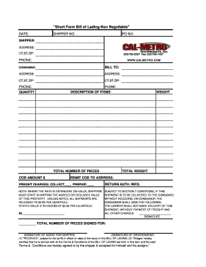 Short Form Bill of Lading-Non Negotiable