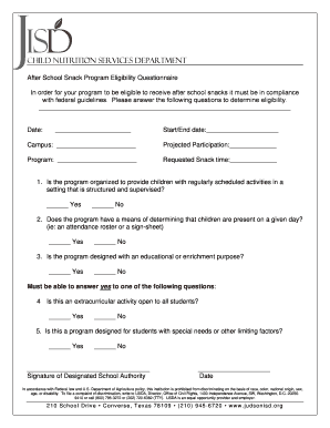 After School Snack Program Eligibility Questionnaire