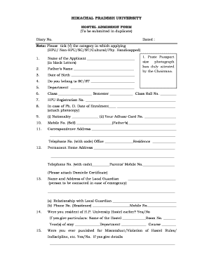 Himachal Pradesh University Hostel Admission Form