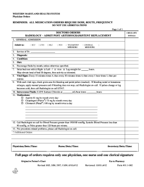 Physician Orders for Post Arteriogram/Stent Replacement