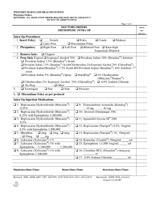 Physician Orders for Orthopedic Intra Op Procedures