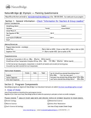 NatureBridge Olympic Planning Questionnaire