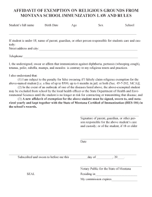 Montana Religious Exemption Affidavit