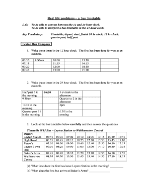 Bus Timetable Worksheet