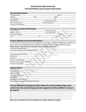 Sam Houston State University Medical Insurance Form