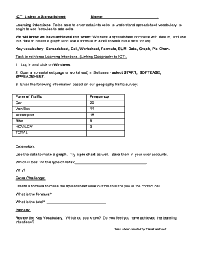 ICT Spreadsheet Task Sheet