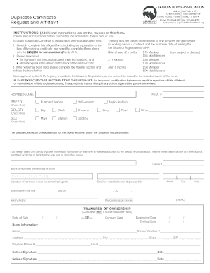 Arabian Horse Registration Duplicate Certificate Request