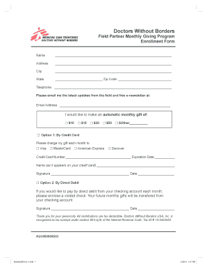 Doctors Without Borders Monthly Giving Enrollment Form