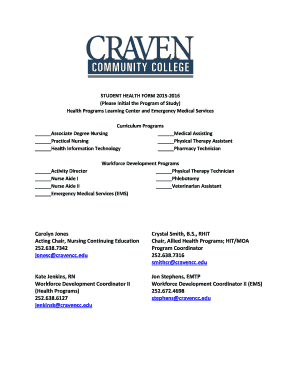 Student Health Form 2015-2016