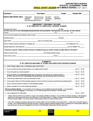 Highline Public Schools Athletic Clearance Form