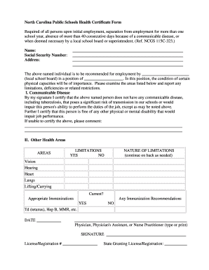 North Carolina Public Schools Health Certificate Form