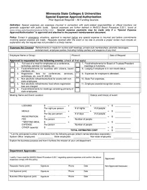 Minnesota State Special Expense Approval Form