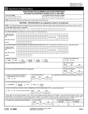 VA Form 21-4502 Application for Automobile or Other Conveyance