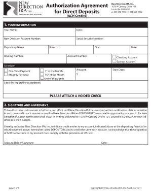 New Direction IRA Direct Deposit Authorization Agreement