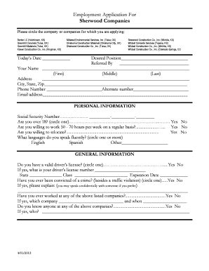 Sherwood Companies Employment Application