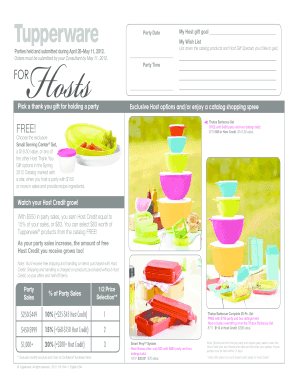 Tupperware Host Gift Selection Form